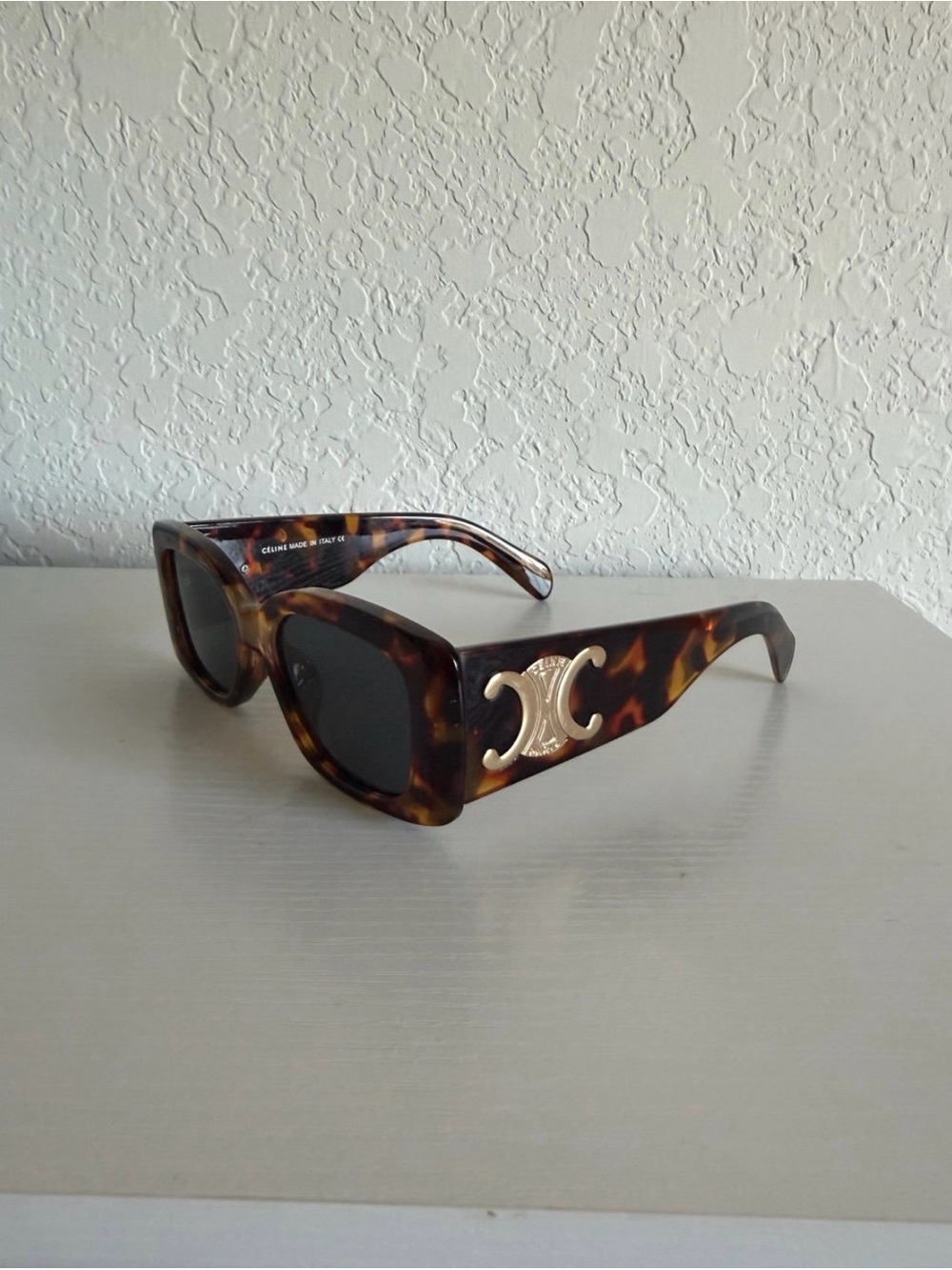 Tortoiseshell Rectangular Sunglasses with Gold Double-C Emblem - Brown